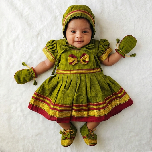 Baby girl green Irkal festive newborn outfit set for naming ceremony wedding and traditional photoshoot