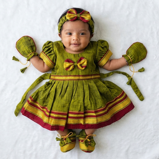 Green Irkal newborn set for baby girl with frock cap mittens and booties for naming ceremony and festive occasions
