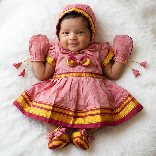 Pink Irkal newborn set for baby girl with frock cap mittens and booties for naming ceremony and festive occasions