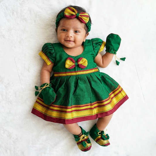 Green Irkal newborn set with hairband for baby girl naming ceremony and festive photoshoot