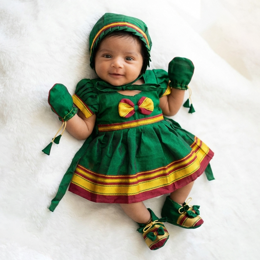 Traditional green Irkal newborn dress set for baby girl Marathi festive collection