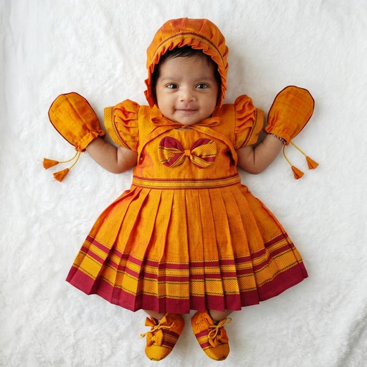 Orange Irkal newborn dress set with cap mittens and booties for baby girl