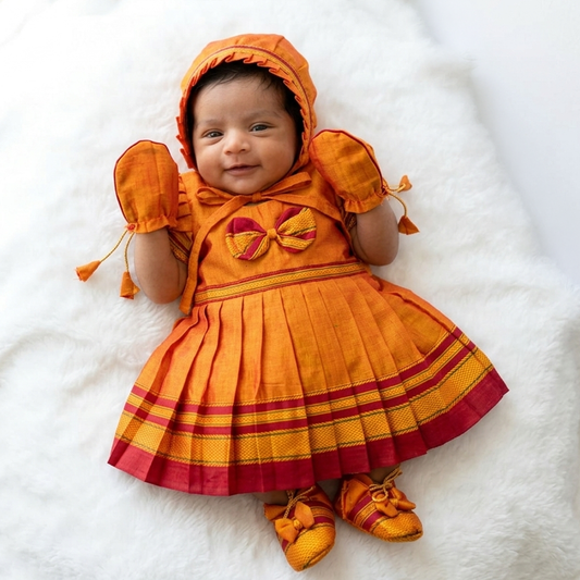 Traditional orange Irkal newborn outfit for baby girl festive and wedding wear