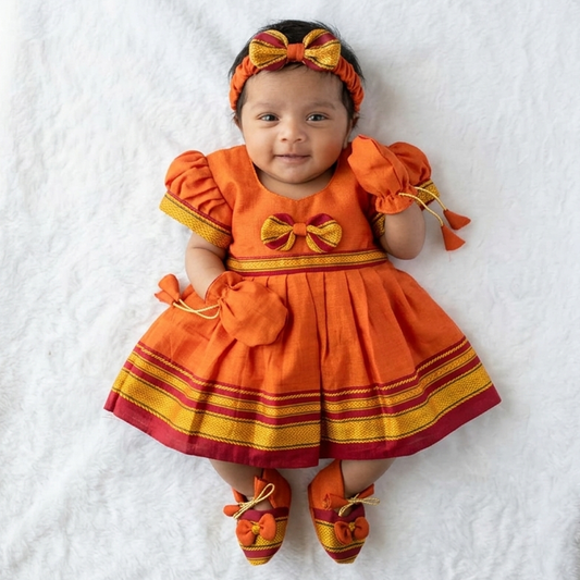 Orange Paithani newborn frock set with matching hairband for baby girl