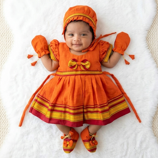 Orange Paithani cap for newborn baby girl naming ceremony and festive wear