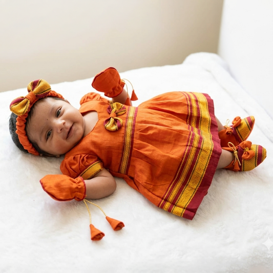 Traditional orange Paithani baby girl outfit for naming ceremony and festive wear