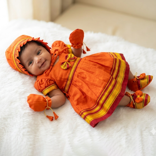 Orange Paithani newborn frock flat lay with zari border for baby girl