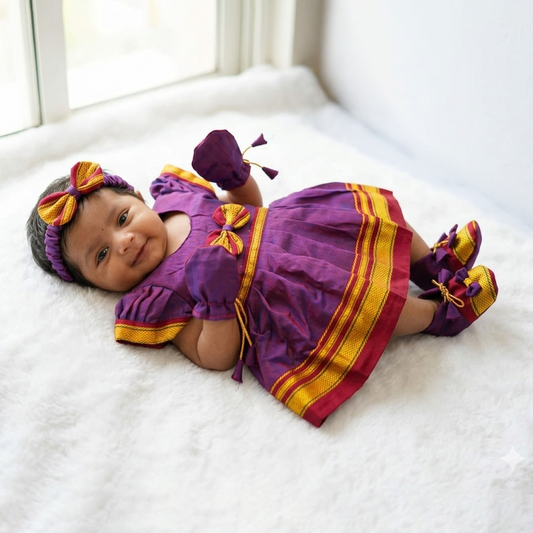 Traditional purple Paithani frock for baby girls with golden zari border and festive ethnic look