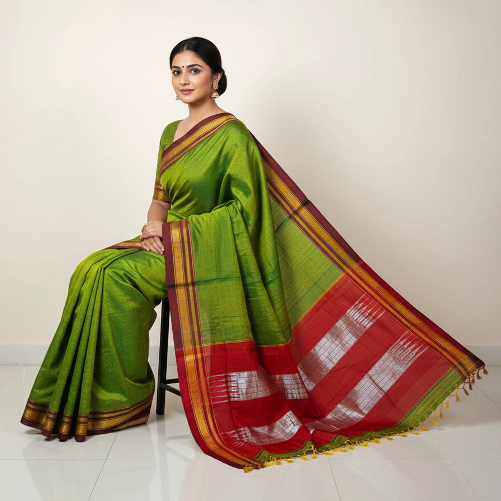 Parrot Green Ilkal Saree – Traditional Ilkal Style