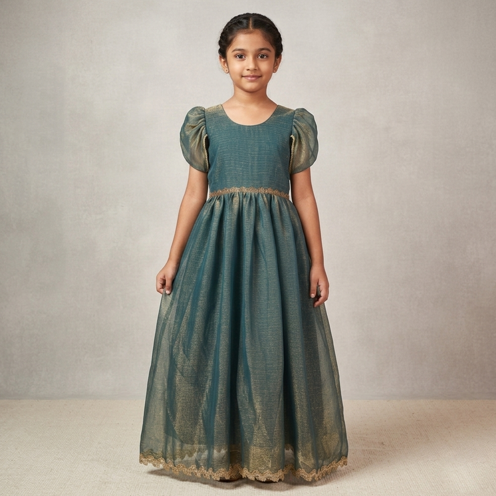 girl wearing semi silk birthday long gown front view party wear