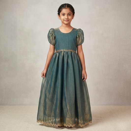 girl wearing semi silk birthday long gown front view party wear