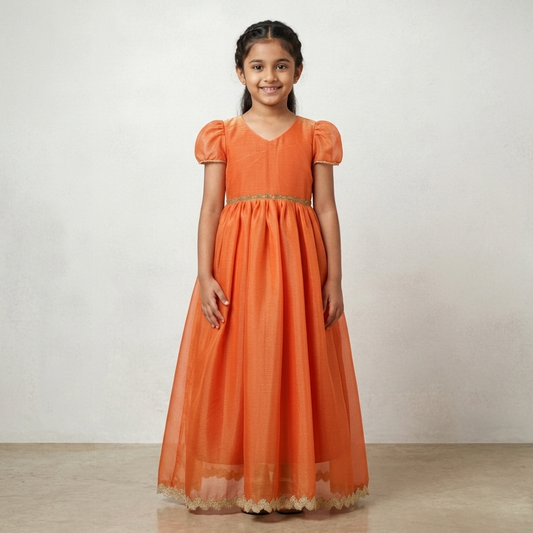 girls wearing semi silk festival long gown traditional dress
