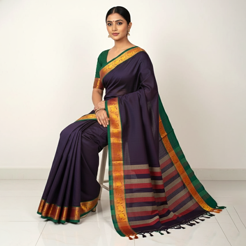 Narayanpeth Hathi Border Traditional Saree – Dark Purple
