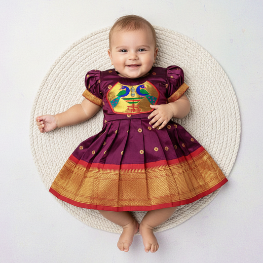 Traditional Paithani Frock for Newborn Baby Girl | Silk Festive Dress