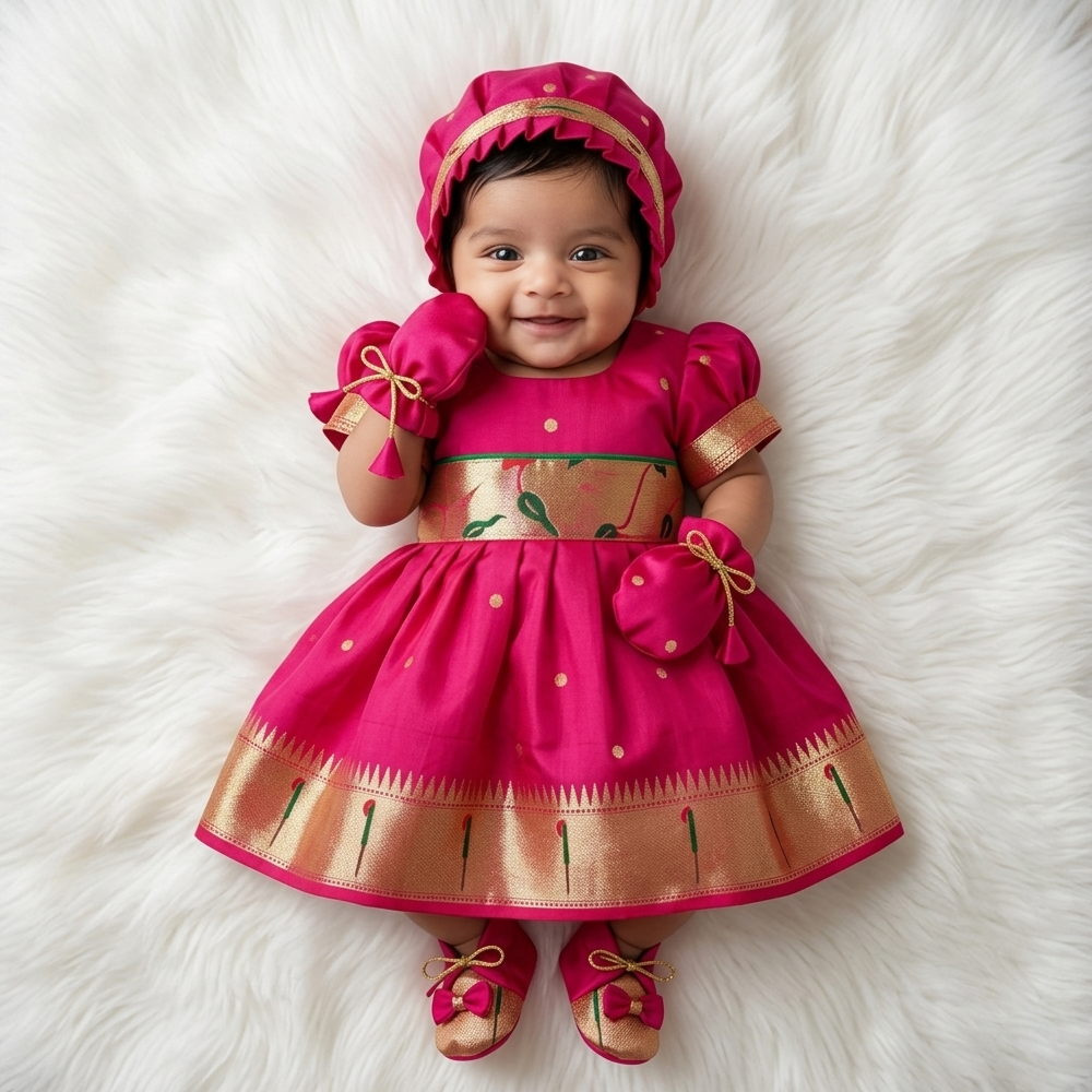 Newborn Baby Girl Dress Set Pink Munia Paithani (Frock Cap Hairband Mittens Booties)