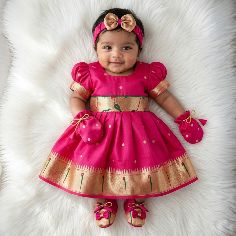Newborn Baby Girl Dress Set Pink Munia Paithani (Frock Cap Hairband Mittens Booties)