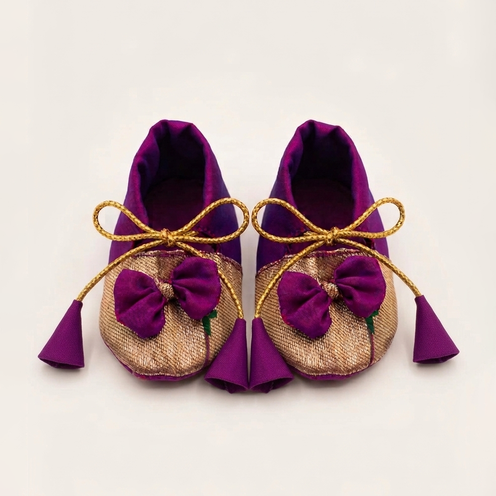 Newborn Baby Girl Dress Set Brinjal Munia Paithani (Frock Cap Hairband Mittens Booties)