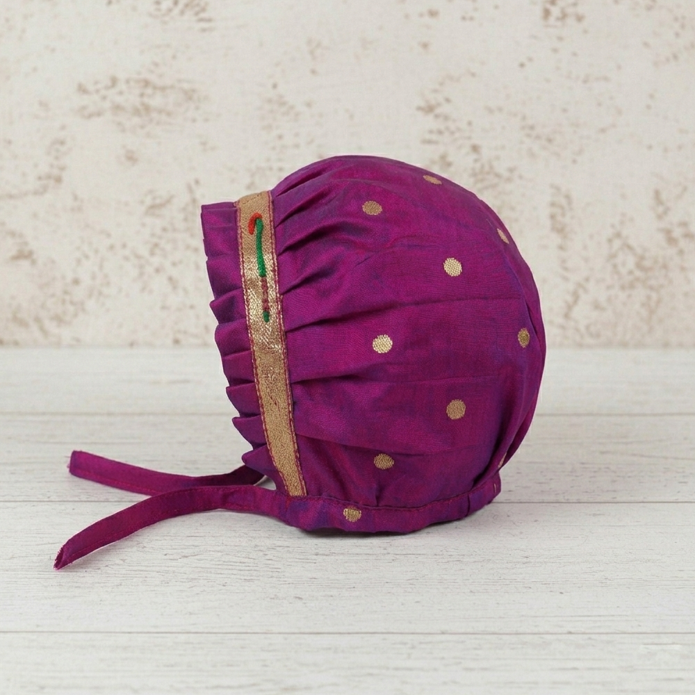 Newborn Baby Girl Dress Set Brinjal Munia Paithani (Frock Cap Hairband Mittens Booties)