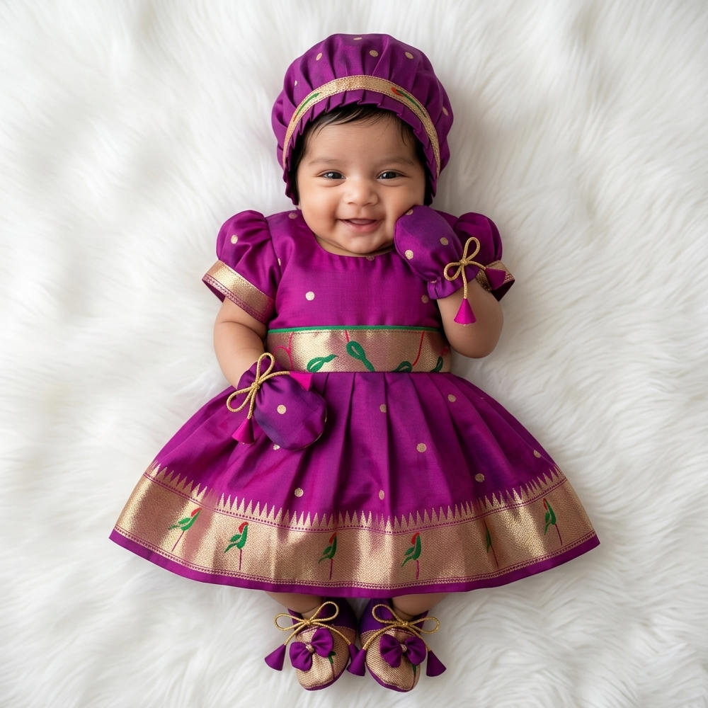 Newborn Baby Girl Dress Set Brinjal Munia Paithani (Frock Cap Hairband Mittens Booties)