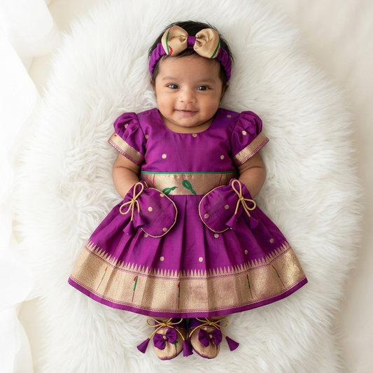 Newborn Baby Girl Dress Set Brinjal Munia Paithani (Frock Hairband Mittens Booties)