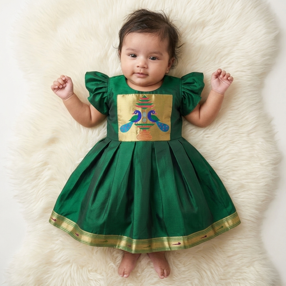 Paithani newborn baby girl dress set with booties