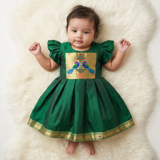 Paithani newborn baby girl dress set with booties