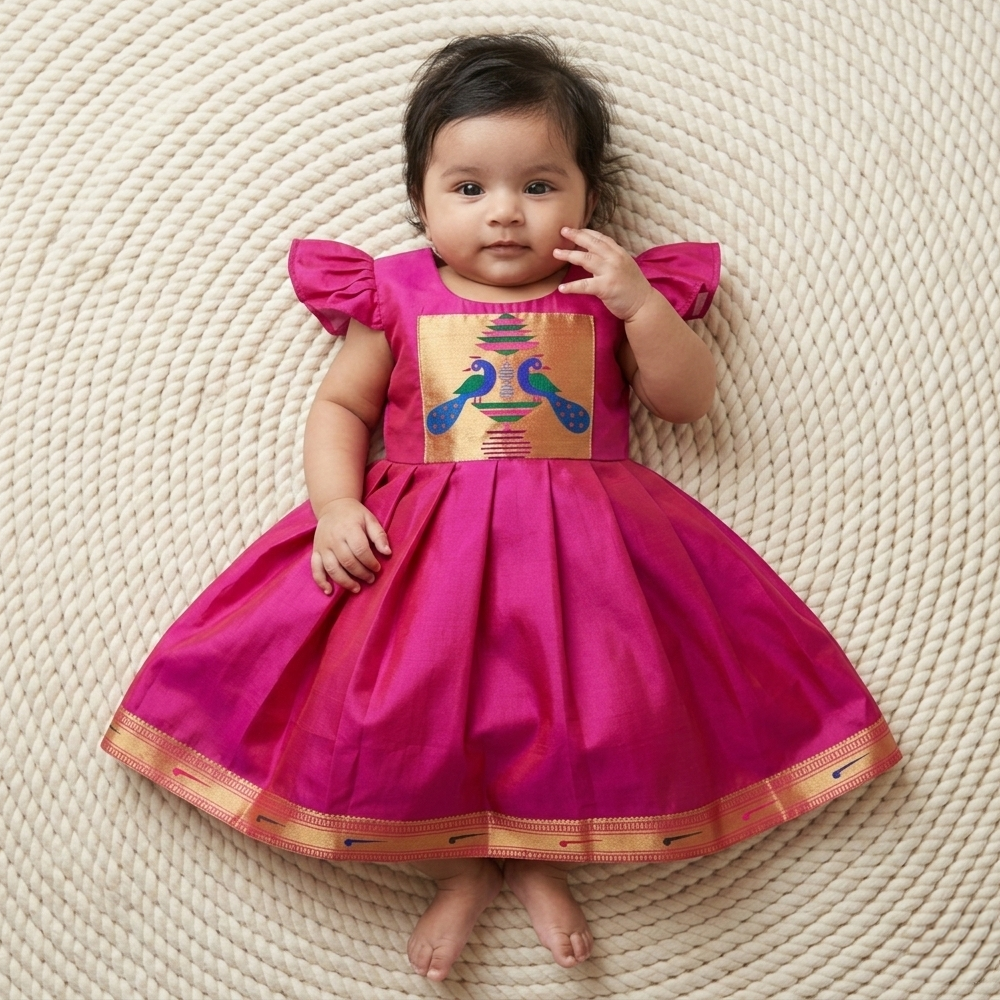 Paithani Baby Girl Naming Ceremony Dress | Newborn Traditional Outfit
