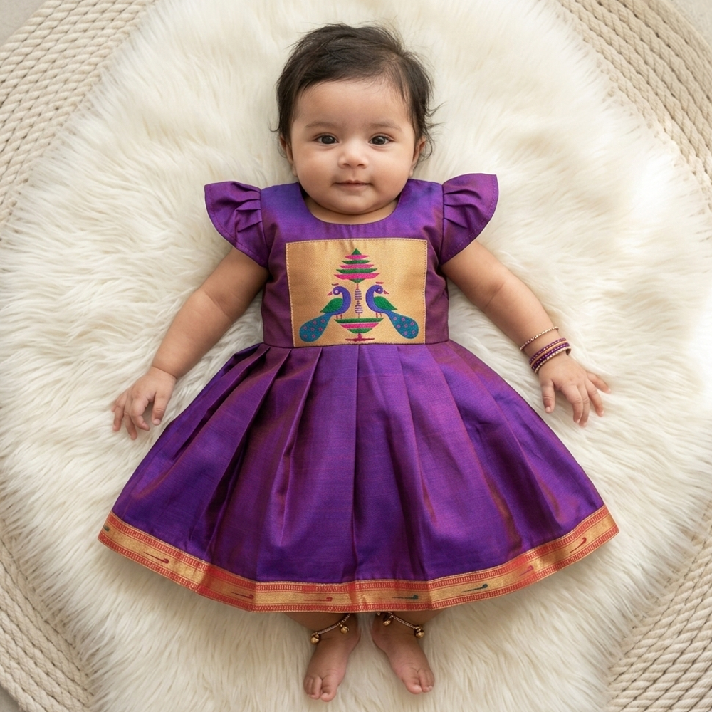 Paithani frock set with booties for newborn baby girl