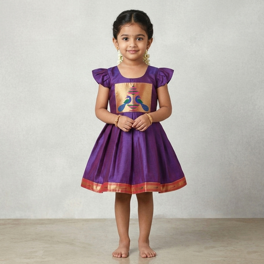 Festive Paithani Frock for Girls – Ethnic Traditional Dress