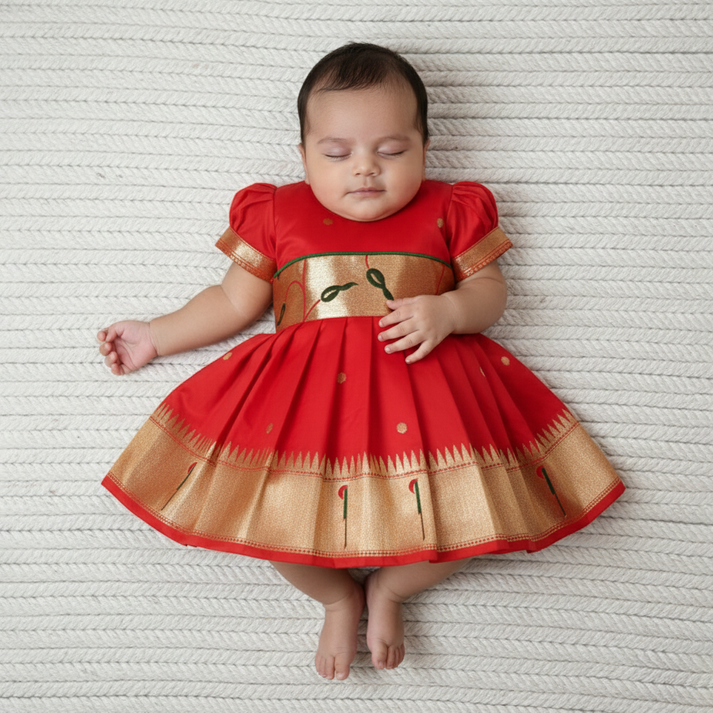 Premium Paithani Frock for Newborn Baby Girl | Traditional Silk Dress