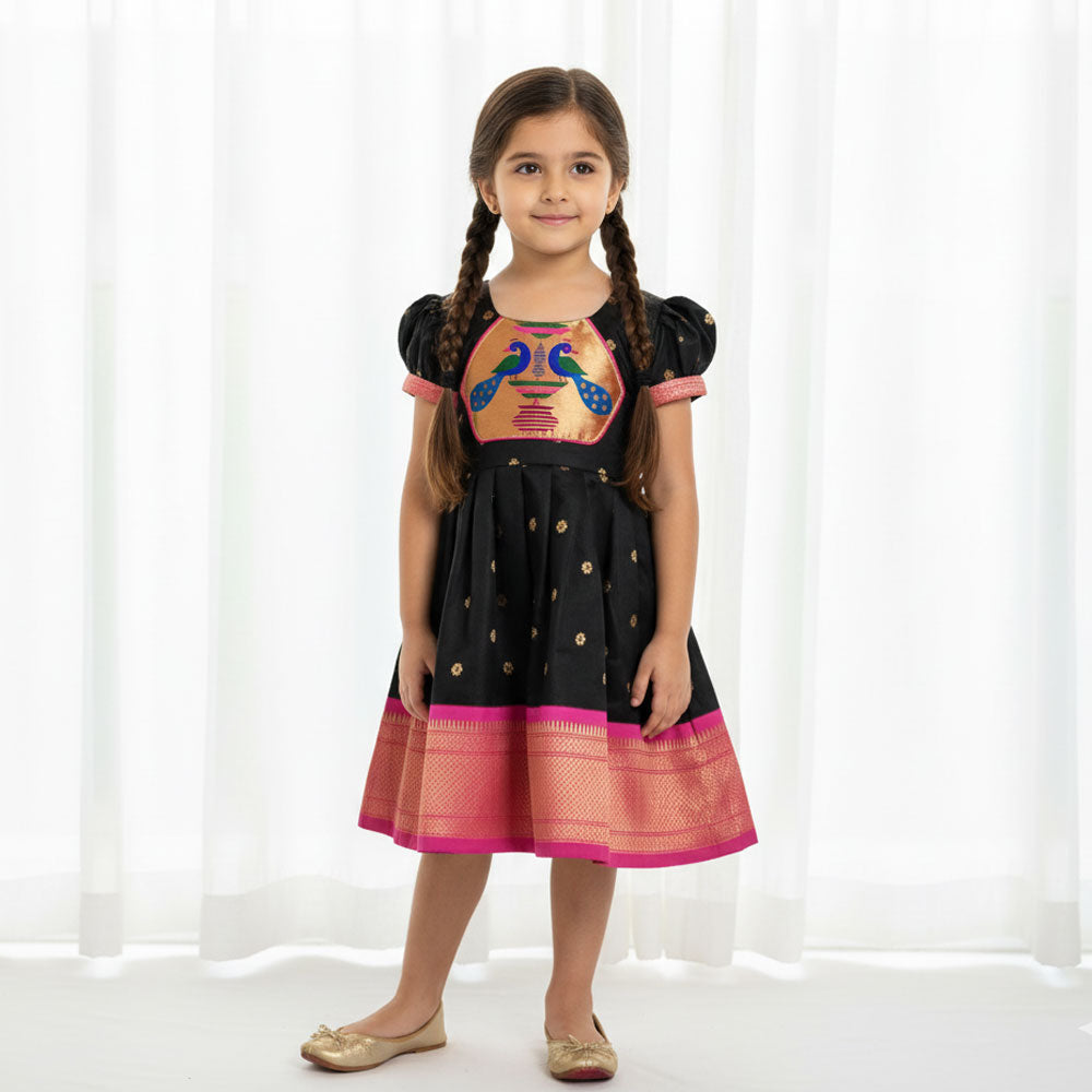 Stunning Black Paithani Frock for Baby Girl – Traditional Elegance