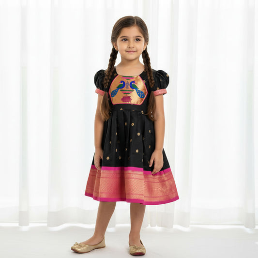 Stunning Black Paithani Frock for Baby Girl – Traditional Elegance