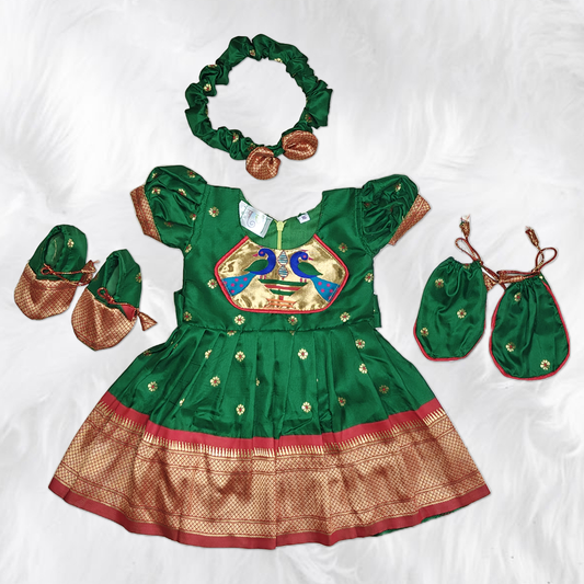 Green Paithani Semi Silk Newborn Baby Girl Dress for Naming Ceremony | Frock with Hairband Mittens Booties Set