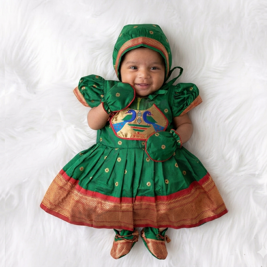 Newborn Baby Girl Dress Set Green Paithani (Frock Cap Mittens Booties)