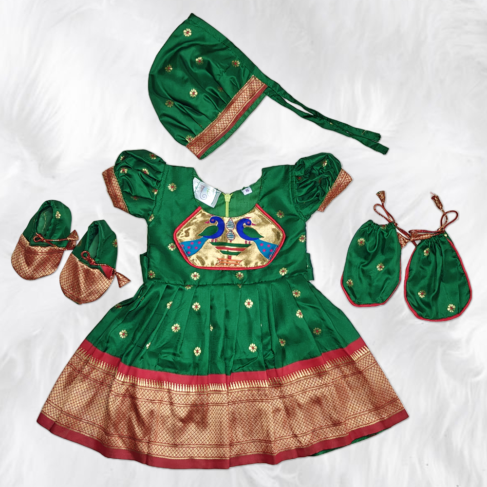 Green Paithani Semi Silk Newborn Baby Girl Dress for Naming Ceremony | Frock with Cap hairband Mittens and Booties