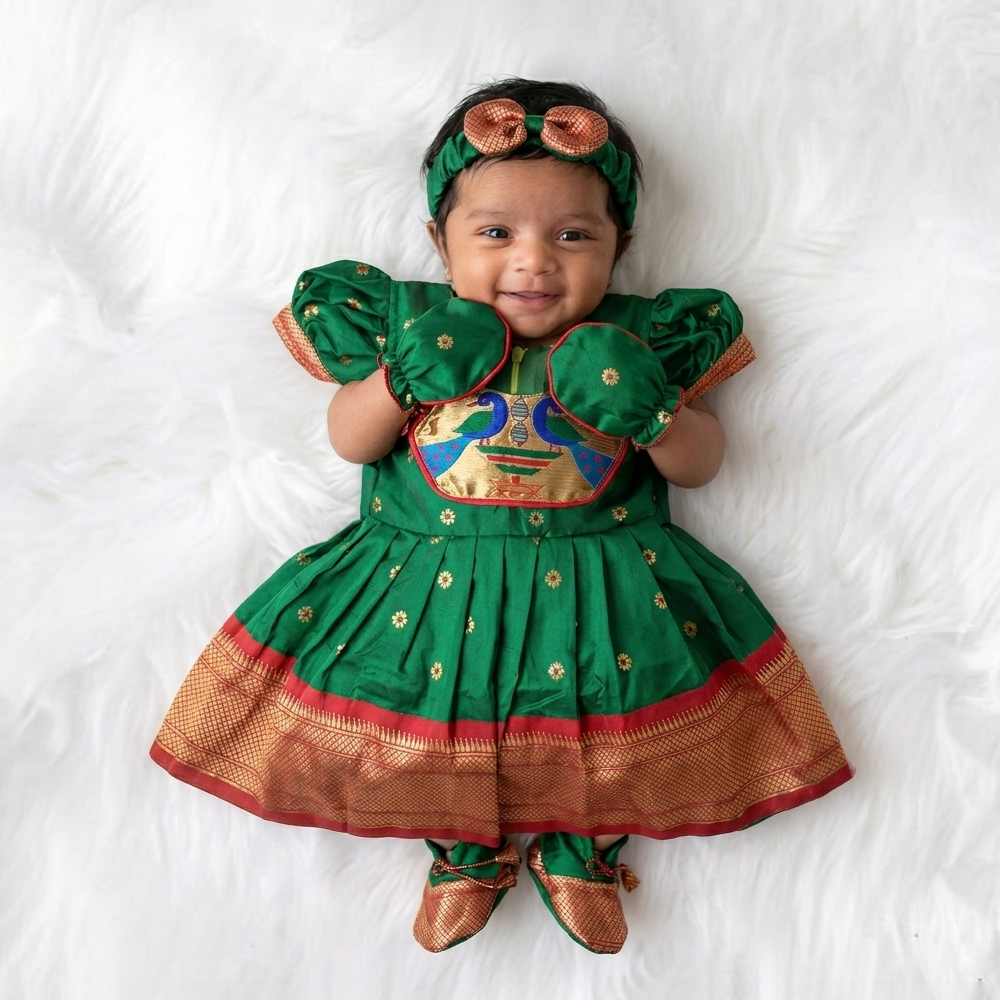 Green Paithani Semi Silk Newborn Baby Girl Dress for Naming Ceremony | Frock with Cap hairband Mittens and Booties