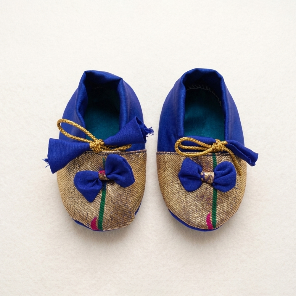 Newborn Baby Girl Dress Set Blue Munia Paithani (Frock Hairband Mittens Booties)