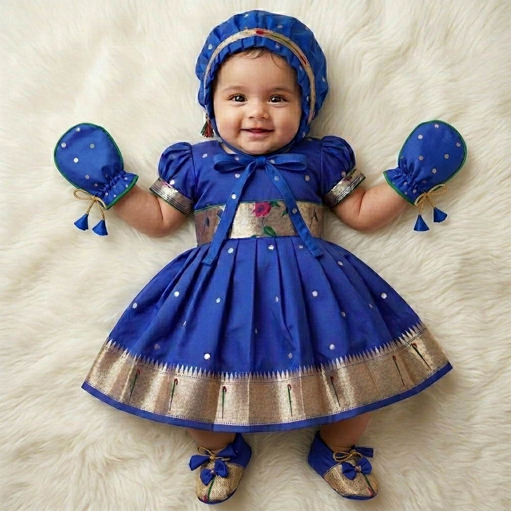 Newborn Baby Girl Dress Set Blue Munia Paithani (Frock Hairband Mittens Booties)