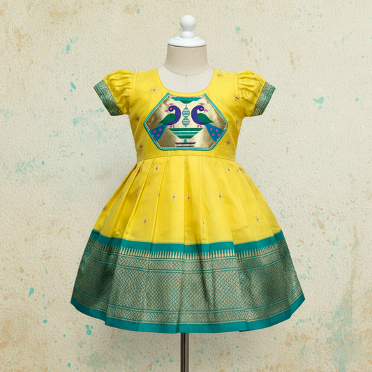 Yellow Paithani Frock for Baby Girls | Traditional Paithani Dress