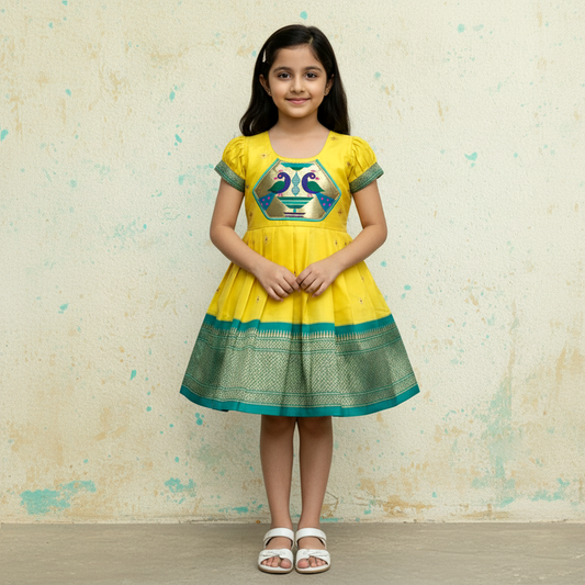 Yellow Paithani Frock for Baby Girls | Traditional Paithani Dress