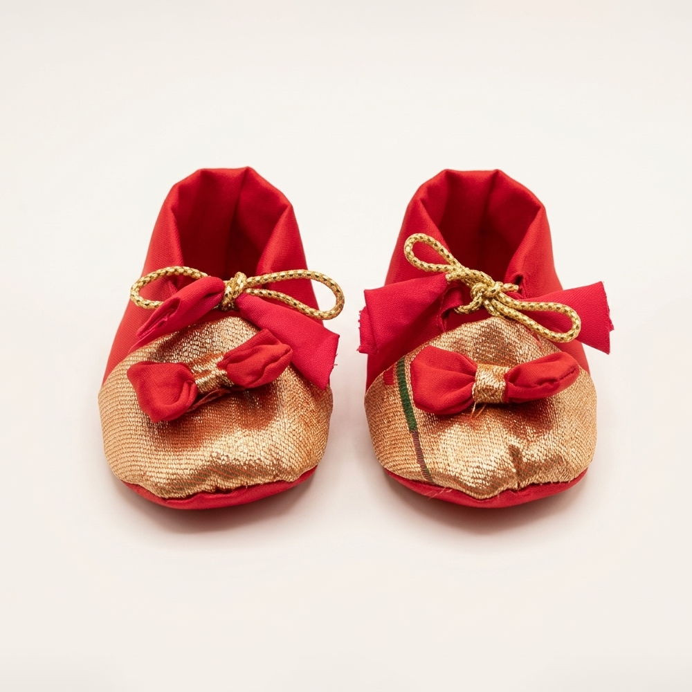 Newborn Baby Girl Dress Set Red Munia Paithani (Frock Cap Hairband Mittens Booties)
