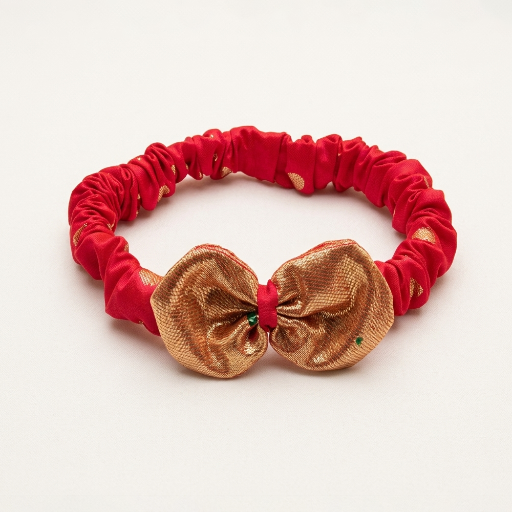 Newborn Baby Girl Dress Set Red Munia Paithani (Frock Cap Hairband Mittens Booties)