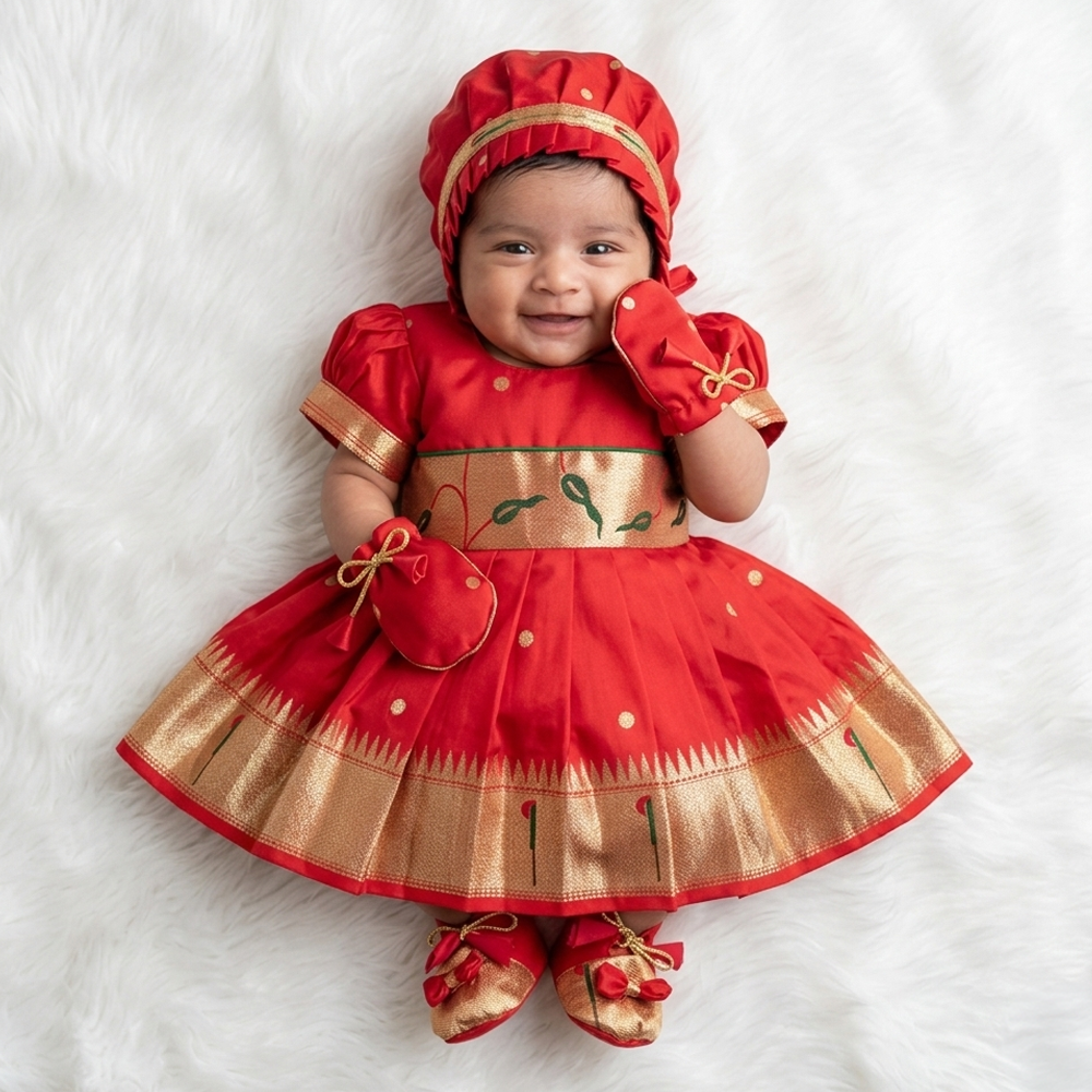 Newborn Baby Girl Dress Set Red Munia Paithani (Frock Cap Hairband Mittens Booties)
