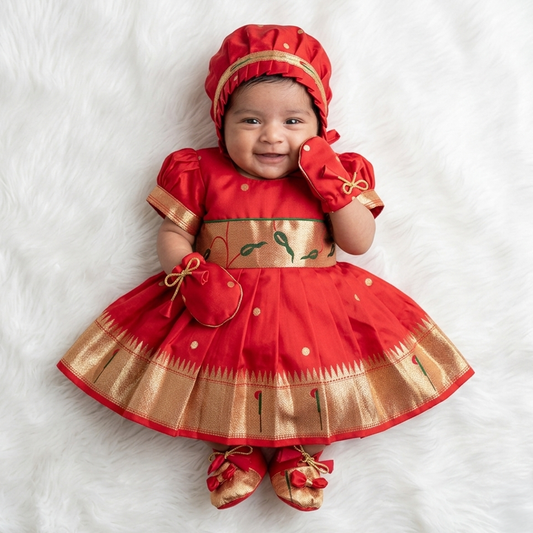 Newborn Baby Girl Dress Set Red Munia Paithani (Frock Cap Hairband Mittens Booties)
