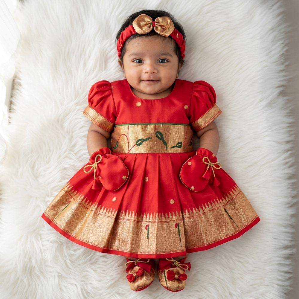 Newborn Baby Girl Dress Set Red Munia Paithani (Frock Cap Hairband Mittens Booties)