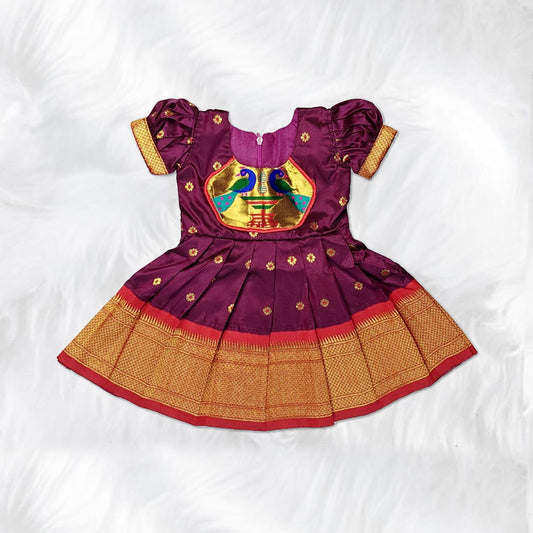 Maroon Paithani Frock for Baby Girls | Traditional Paithani Dress for Festivals