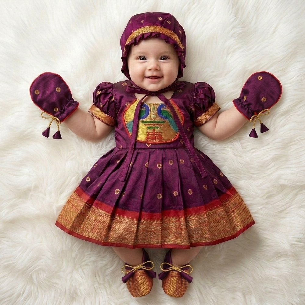 Newborn Baby Girl Dress Set Maroon Paithani (Frock Cap Hairband Mittens Booties)
