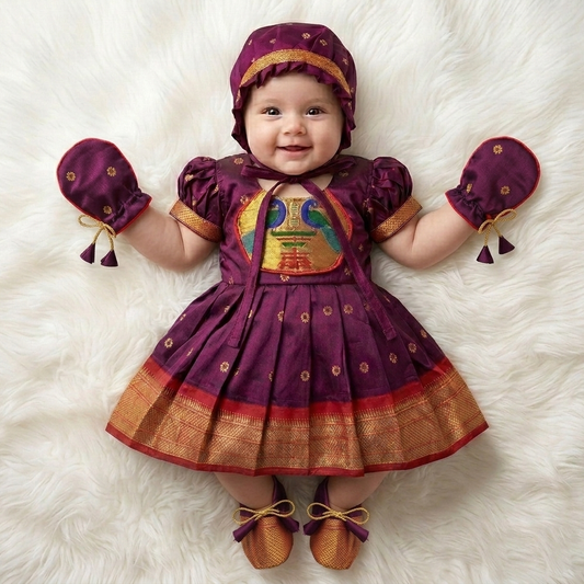 Newborn Baby Girl Dress Set Maroon Paithani (Frock Cap Hairband Mittens Booties)