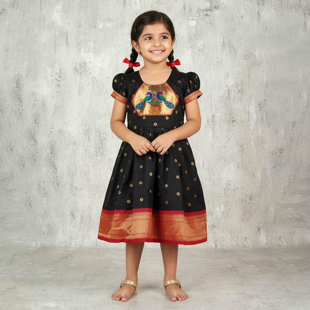 Red and Black Paithani Frock for Girls – Traditional Paithani Kids Wear