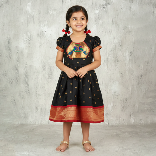 Red and Black Paithani Frock for Girls – Traditional Paithani Kids Wear